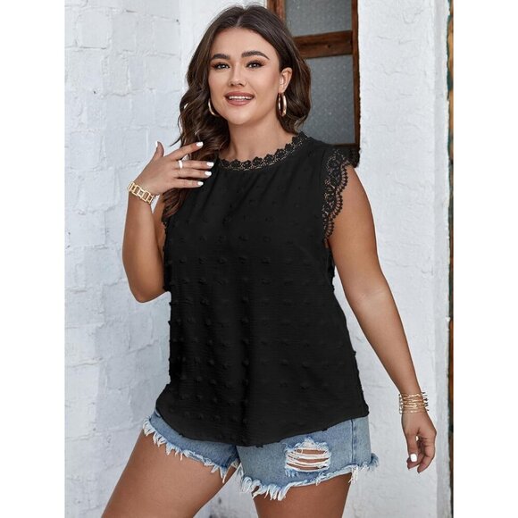 Women Plus Size Tank Top Lace Trim Swiss Dot Sleeveless Casual Blouse - Picture 5 of 6